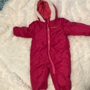 Pink Plantinum baby girls one-piece puffer winter Snowsuit with hood.
